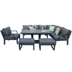 Berlin Outdoor Garden Aluminium 9 Seater Corner Sofa Rising Table Set with Armchair and Stool