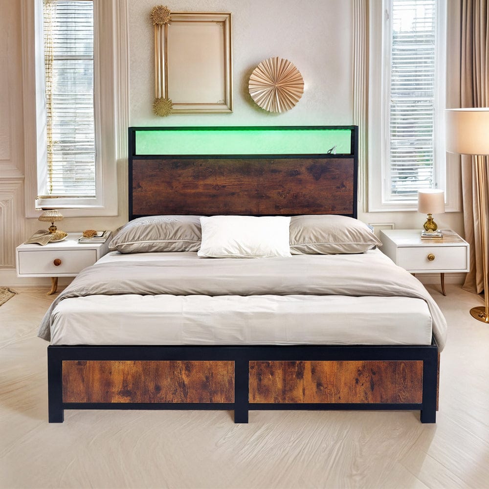 Belluno Industrial Style Industrial Metal Bed Frame with 4 Drawers and LED Light Head Board and Charging Ports