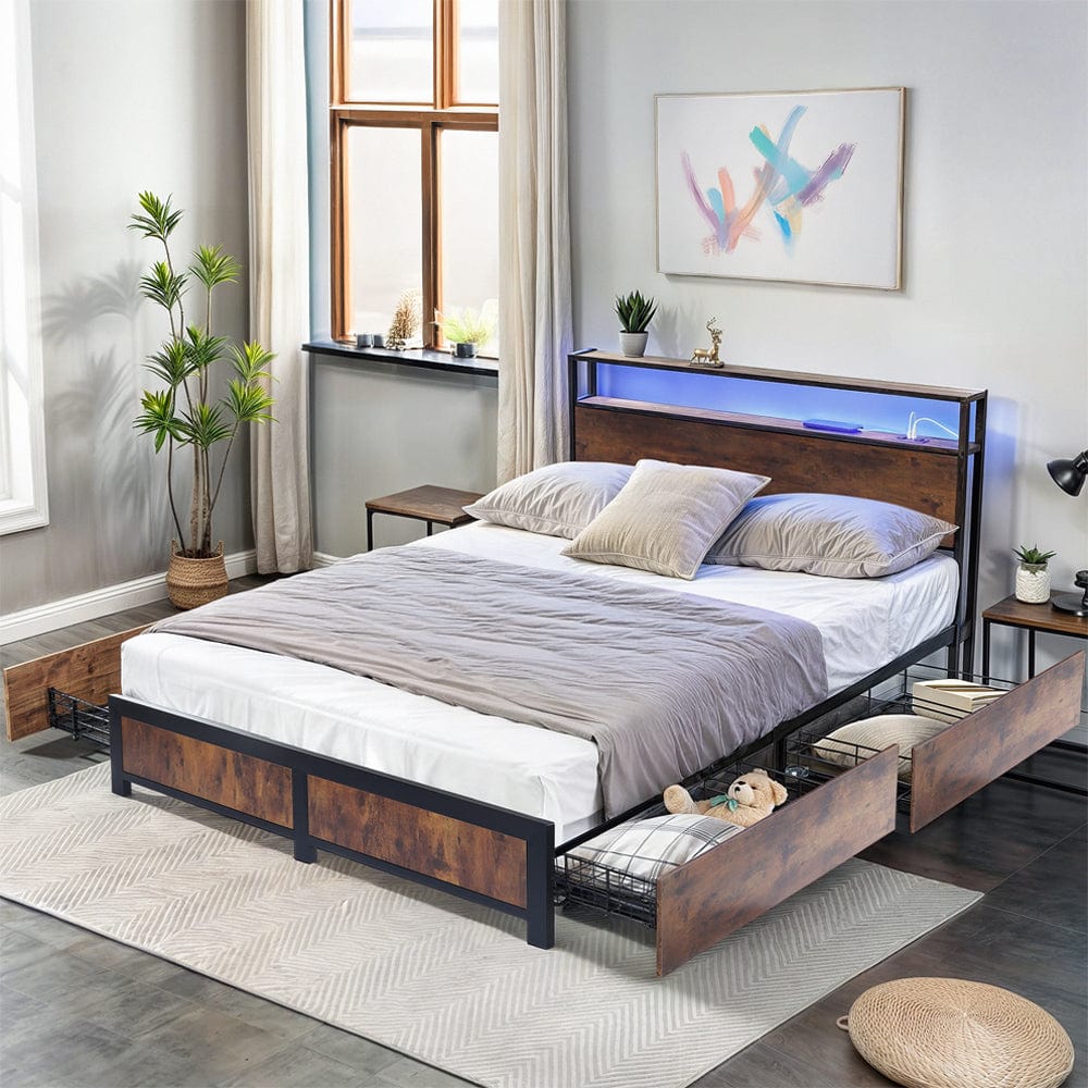 Belluno Industrial Style Industrial Metal Bed Frame with 4 Drawers and LED Light Head Board and Charging Ports