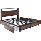 Belluno Industrial Style Industrial Metal Bed Frame with 4 Drawers and LED Light Head Board and Charging Ports
