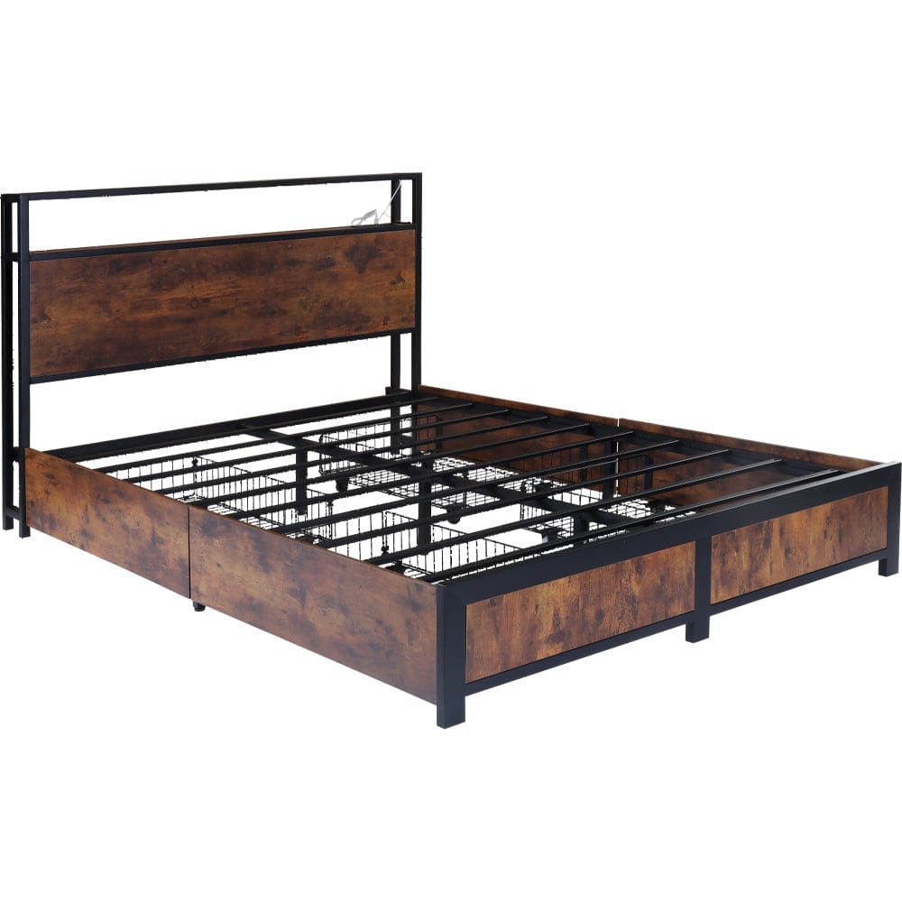 Belluno Industrial Style Industrial Metal Bed Frame with 4 Drawers and LED Light Head Board and Charging Ports