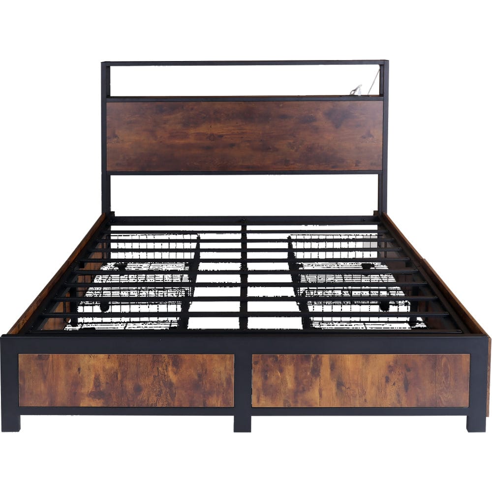 Belluno Industrial Style Industrial Metal Bed Frame with 4 Drawers and LED Light Head Board and Charging Ports