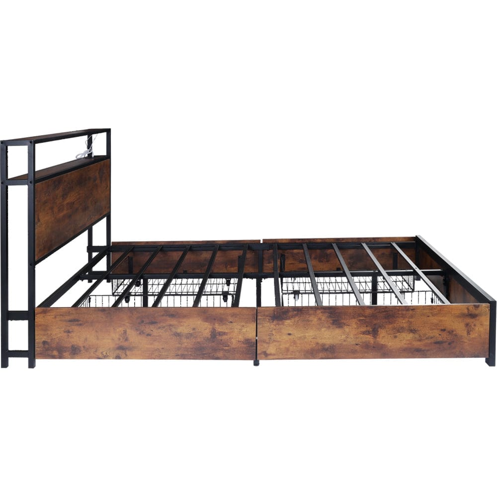 Belluno Industrial Style Industrial Metal Bed Frame with 4 Drawers and LED Light Head Board and Charging Ports
