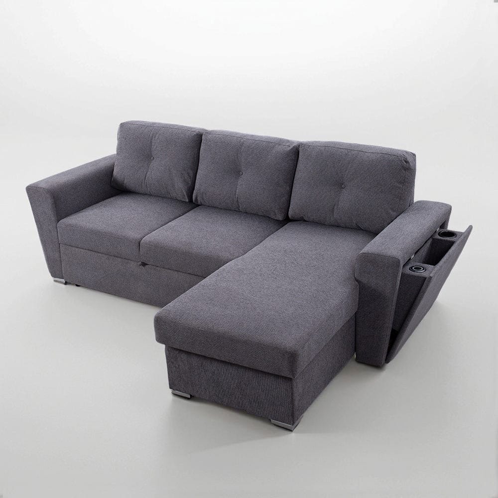 Linen 3 Seater Corner Sofa Bed Reversible Ottoman Chaise Sofa With Cupholder and Wireless Charger