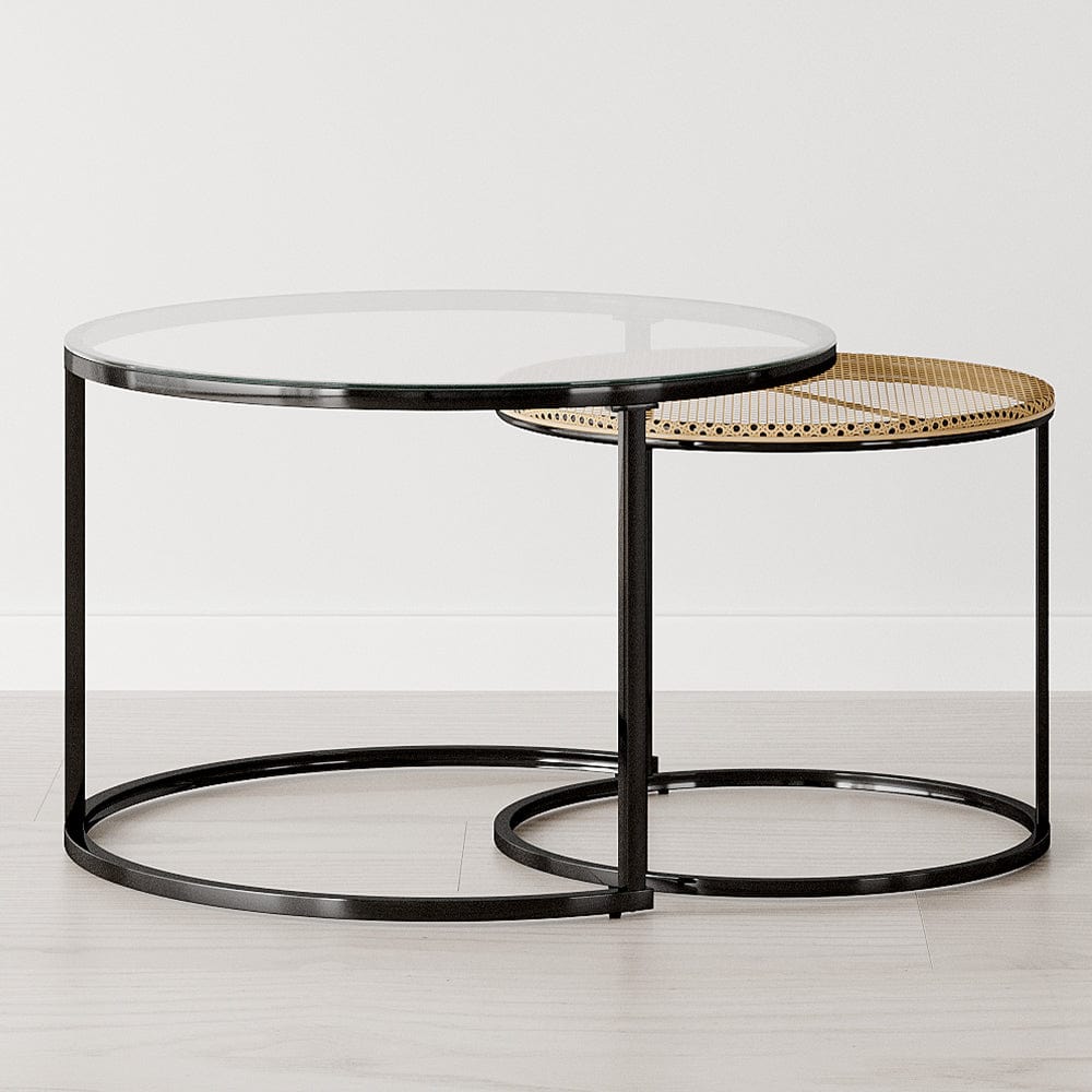 Boho Set of 2 Nesting Round End Side Coffee Tables With Glass And Rattan Top