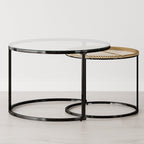 Boho Set of 2 Nesting Round End Side Coffee Tables With Glass And Rattan Top