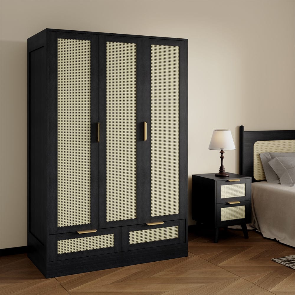 Boho 3 Door 2 Drawer Rattan Decorated Wardrobe