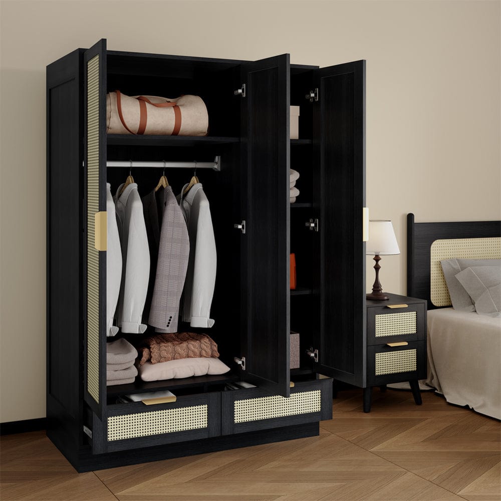 Boho 3 Door 2 Drawer Rattan Decorated Wardrobe