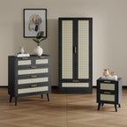 Boho 3 Pieces Bedroom Rattan Wardrobe Set With Chest And Bedside