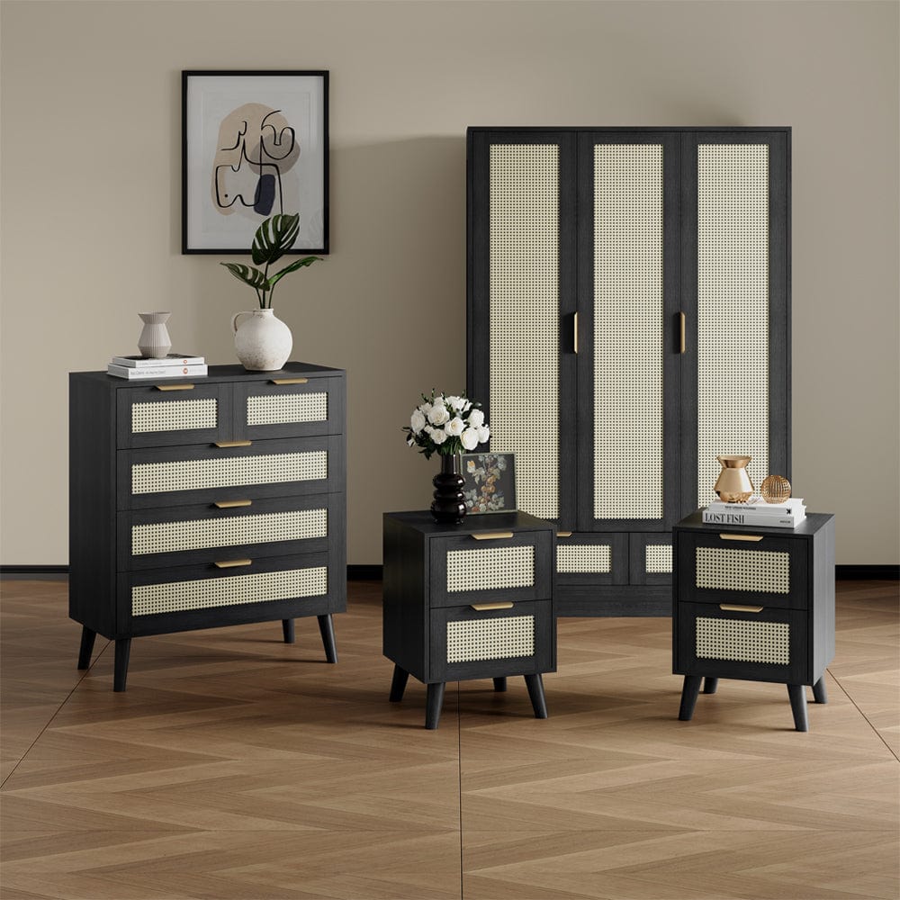 Boho 4 Piece Rattan Bedroom Wardrobe Set With Chest Drawer And Bedside Table