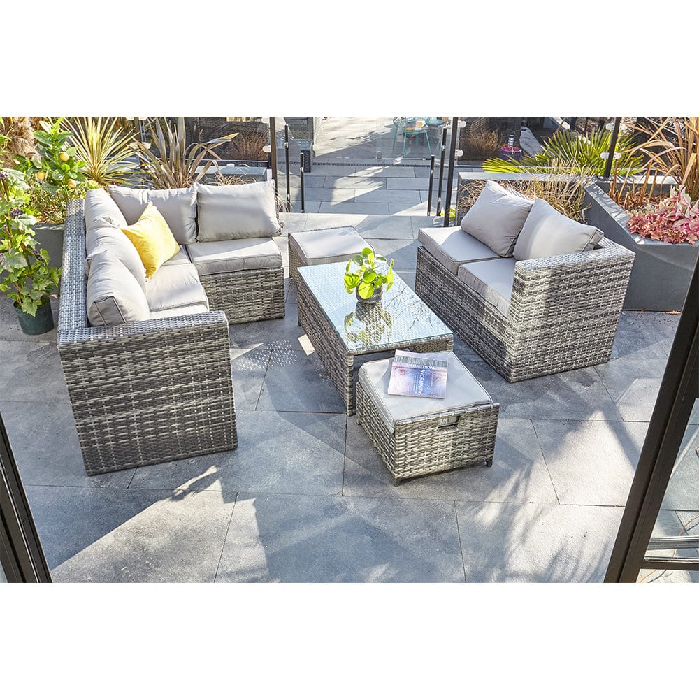 Vancouver 9 Seater Corner Rattan Garden Set In Grey with fire pit option