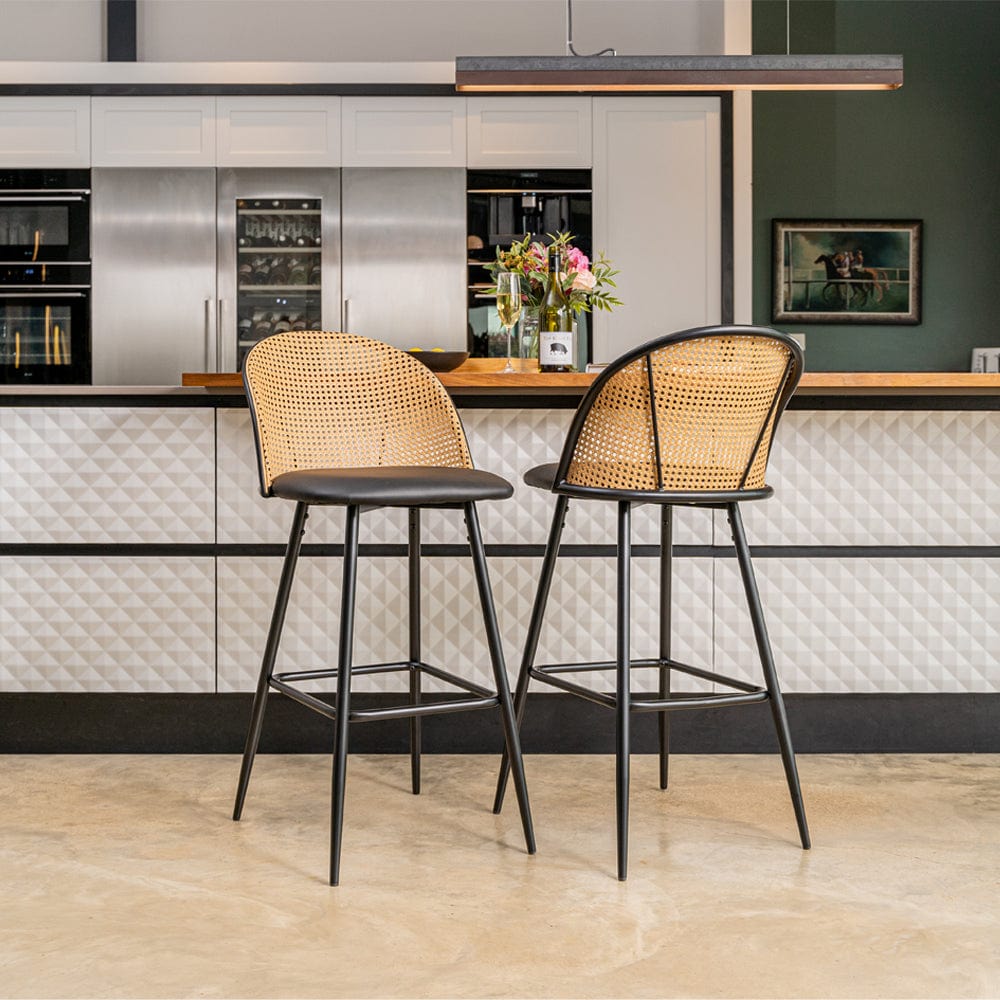 Set Of 2 Boho PE Rattan Bar Stool Bar Chairs With PU Or Boucle Upholstery