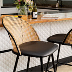 Set Of 2 Boho PE Rattan Bar Stool Bar Chairs With PU Or Boucle Upholstery