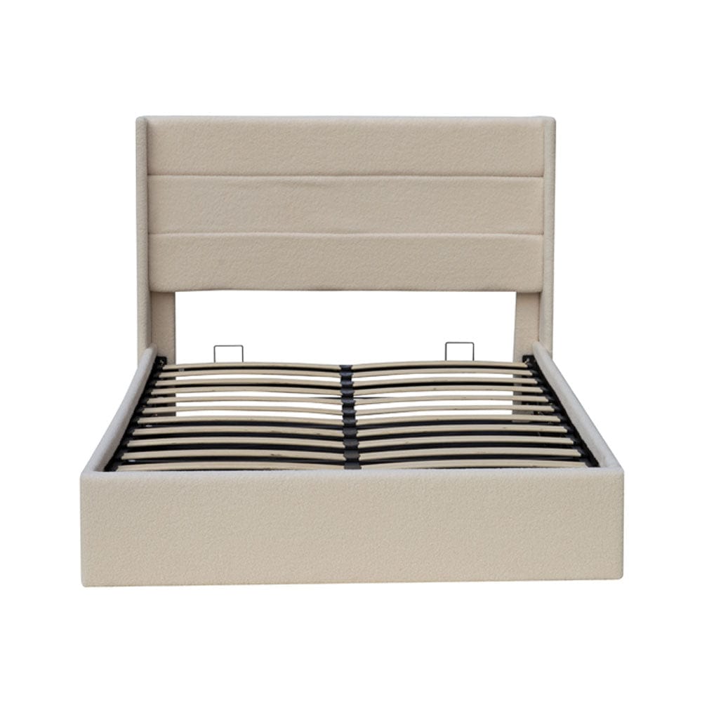 Ease Ottoman Storage Beige Boucle Teddy Fleece Pneumatic Lift Up Bed Frame Double or King Bed