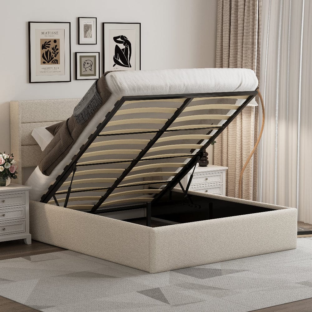 Ease Ottoman Storage Beige Boucle Teddy Fleece Pneumatic Lift Up Bed Frame Double or King Bed