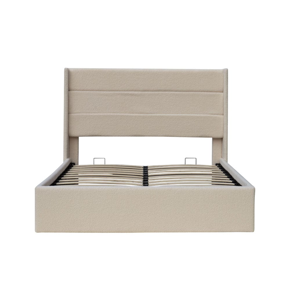 Ease Ottoman Storage Beige Boucle Teddy Fleece Pneumatic Lift Up Bed Frame Double or King Bed