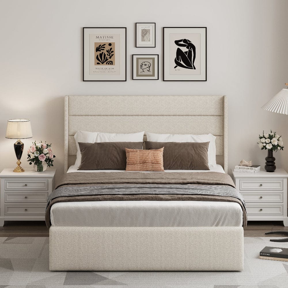 Ease Ottoman Storage Beige Boucle Teddy Fleece Pneumatic Lift Up Bed Frame Double or King Bed