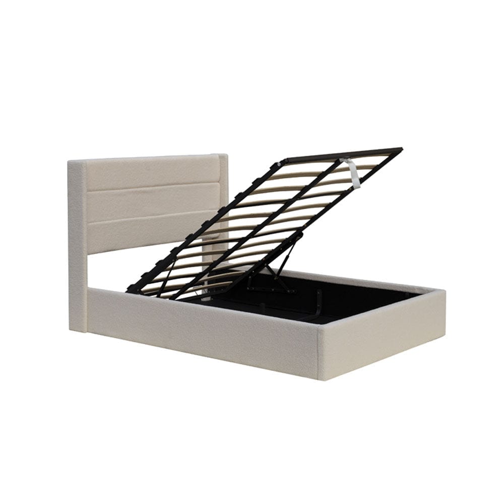 Ease Ottoman Storage Beige Boucle Teddy Fleece Pneumatic Lift Up Bed Frame Double or King Bed