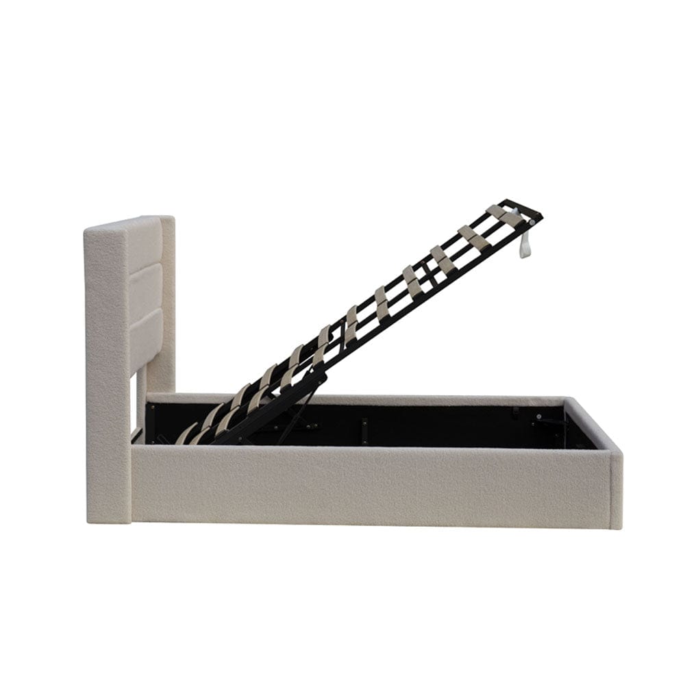 Ease Ottoman Storage Beige Boucle Teddy Fleece Pneumatic Lift Up Bed Frame Double or King Bed