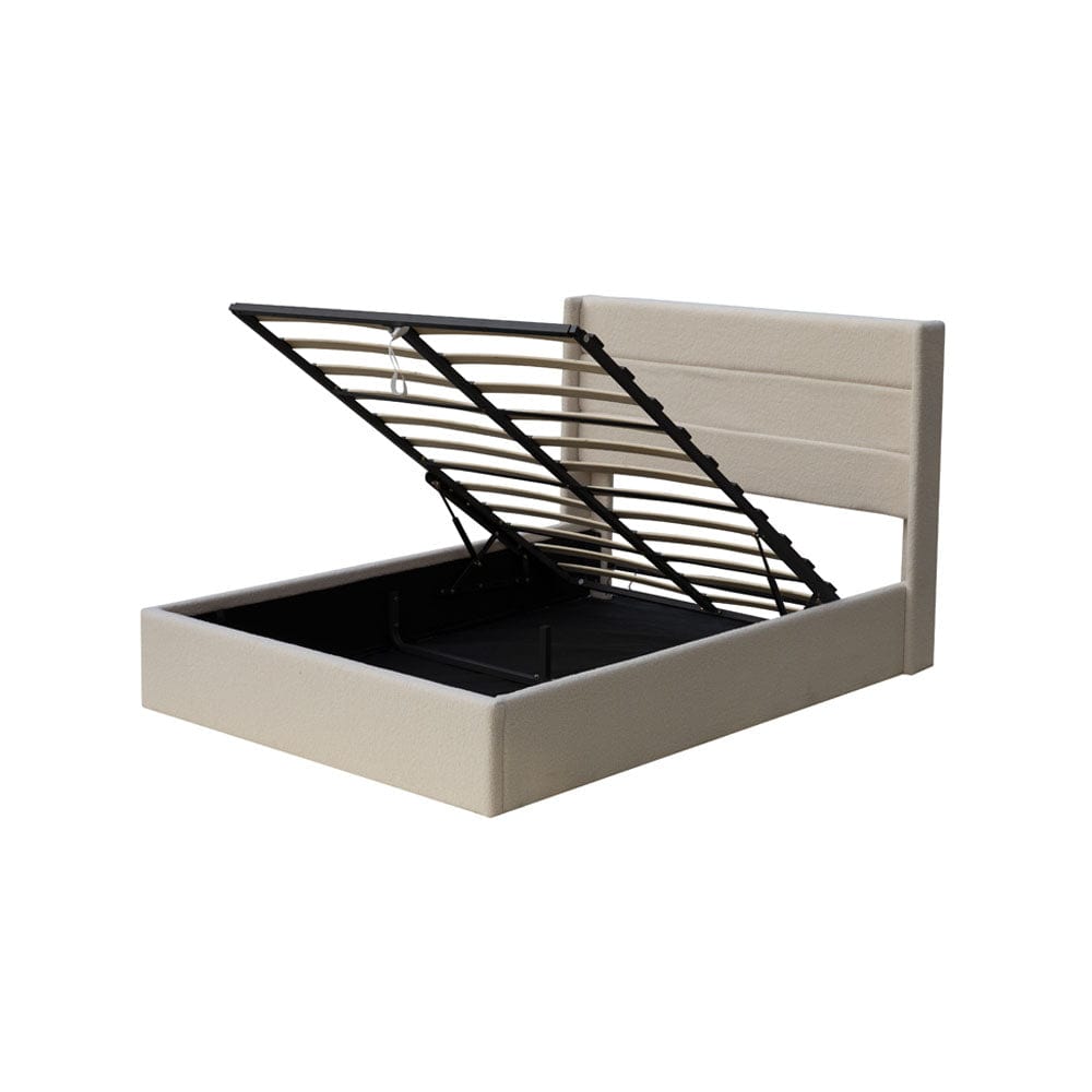 Ease Ottoman Storage Beige Boucle Teddy Fleece Pneumatic Lift Up Bed Frame Double or King Bed