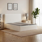 Elvie Ottoman Storage Beige Boucle Teddy Fleece Pneumatic Lift Up Bed Frame Double or King Bed