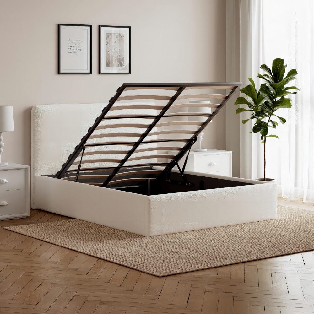 Elvie Ottoman Storage Beige Boucle Teddy Fleece Pneumatic Lift Up Bed Frame Double or King Bed