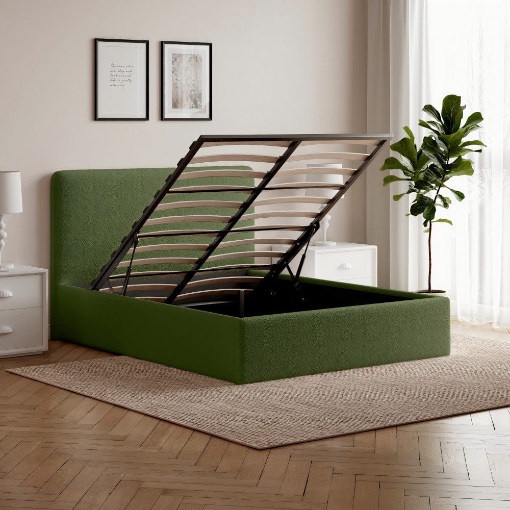 Elvie Ottoman Storage Beige Boucle Teddy Fleece Pneumatic Lift Up Bed Frame Double or King Bed