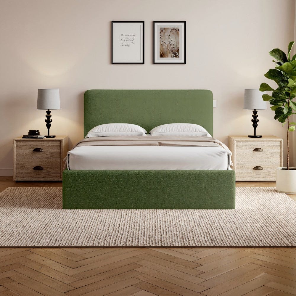 Elvie Ottoman Storage Beige Boucle Teddy Fleece Pneumatic Lift Up Bed Frame Double or King Bed