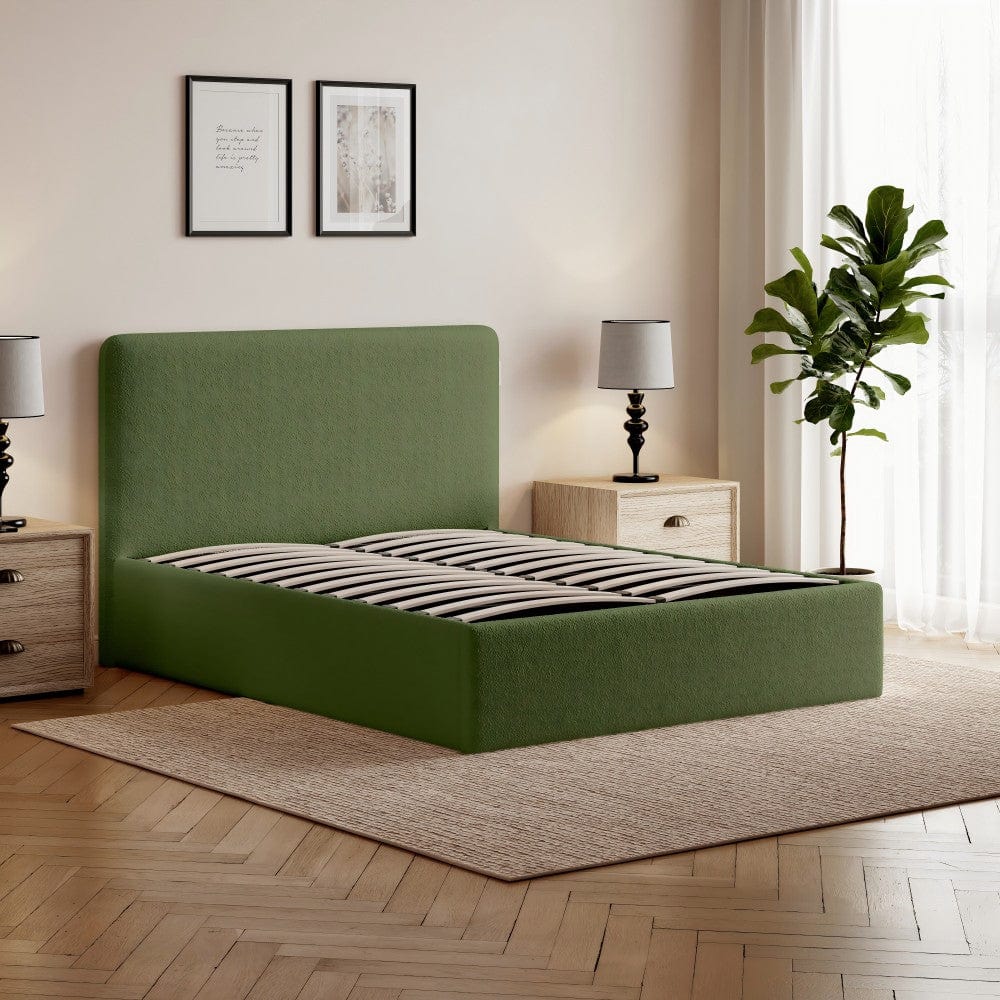 Elvie Ottoman Storage Beige Boucle Teddy Fleece Pneumatic Lift Up Bed Frame Double or King Bed