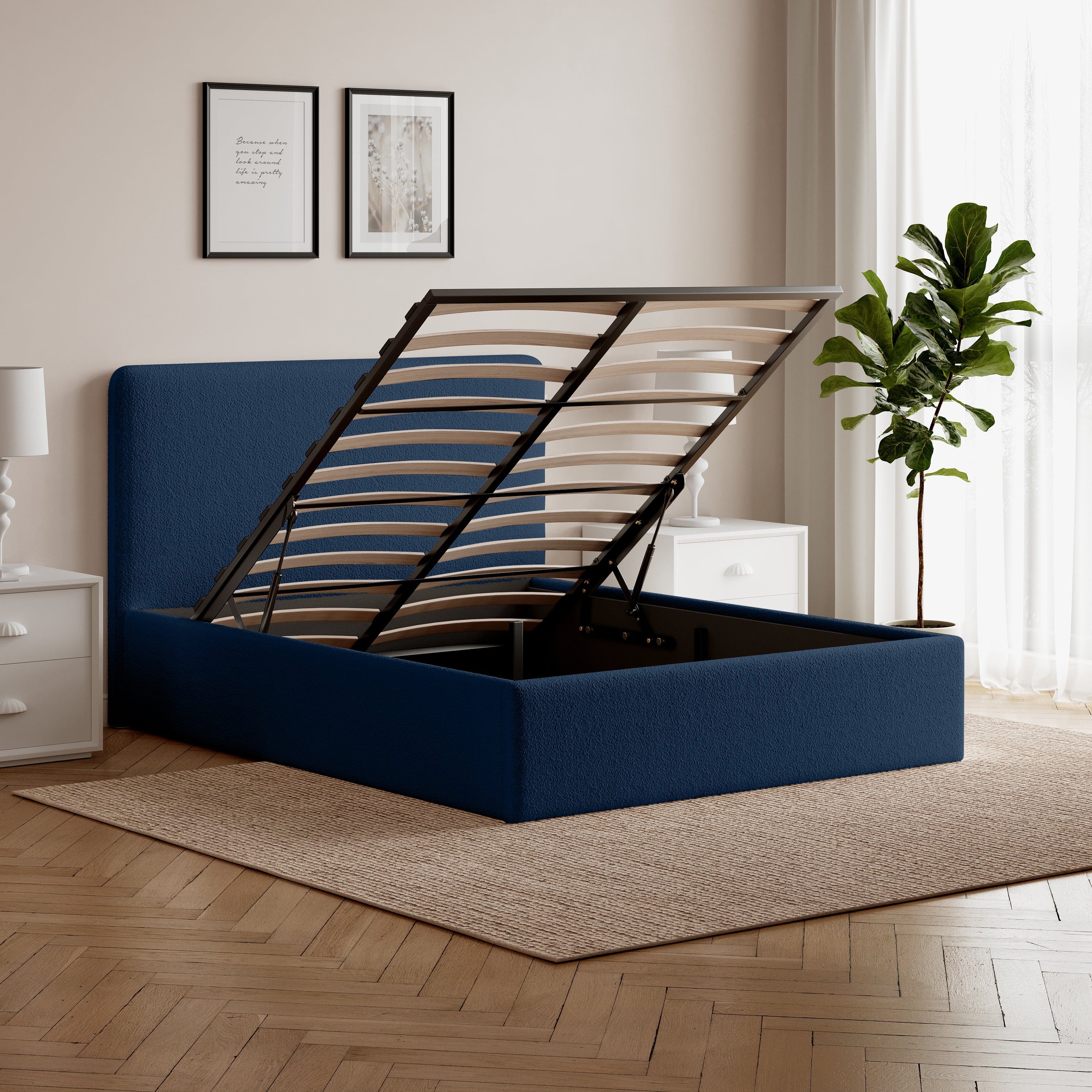 Elvie Ottoman Storage Beige Boucle Teddy Fleece Pneumatic Lift Up Bed Frame Double or King Bed