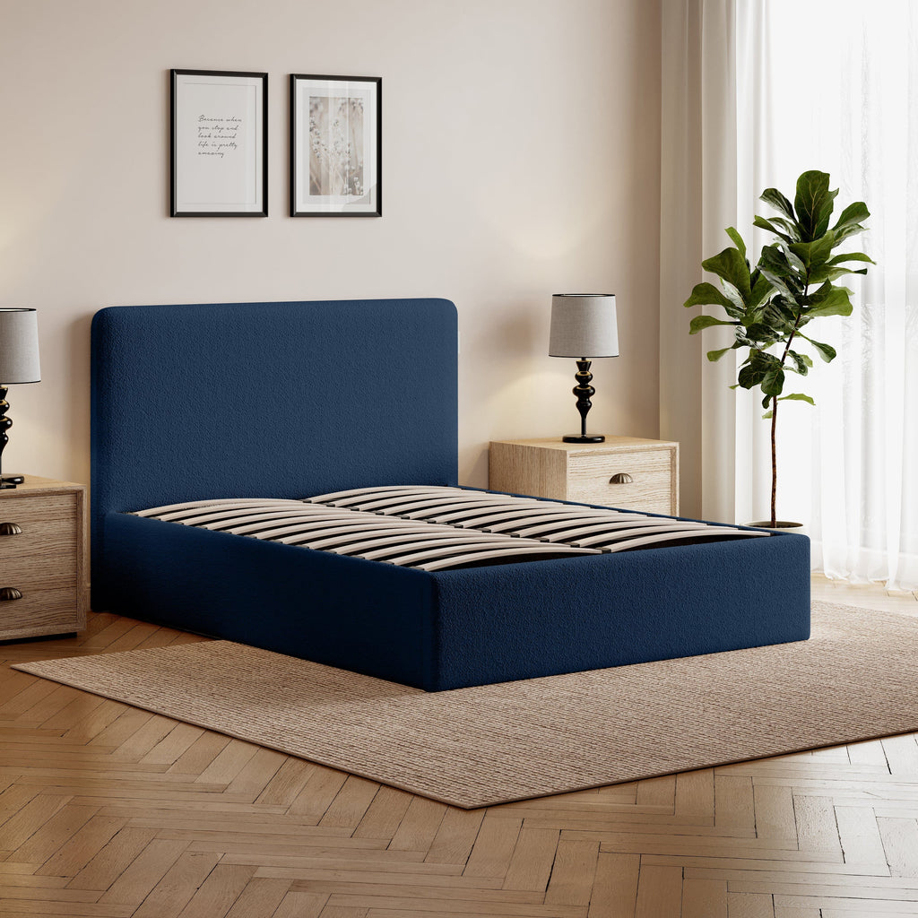 Elvie Ottoman Storage Beige Boucle Teddy Fleece Pneumatic Lift Up Bed Frame Double or King Bed