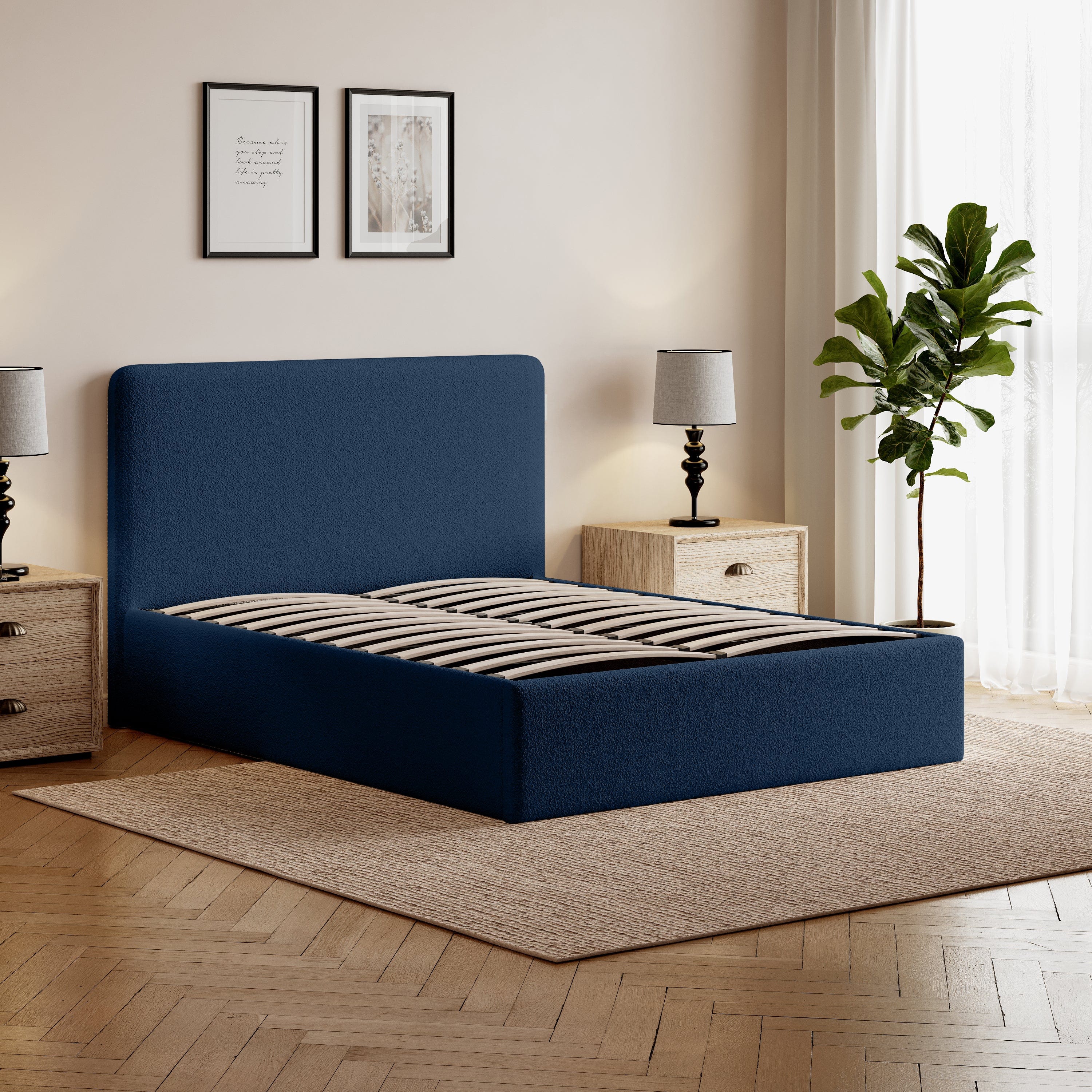 Elvie Ottoman Storage Beige Boucle Teddy Fleece Pneumatic Lift Up Bed Frame Double or King Bed