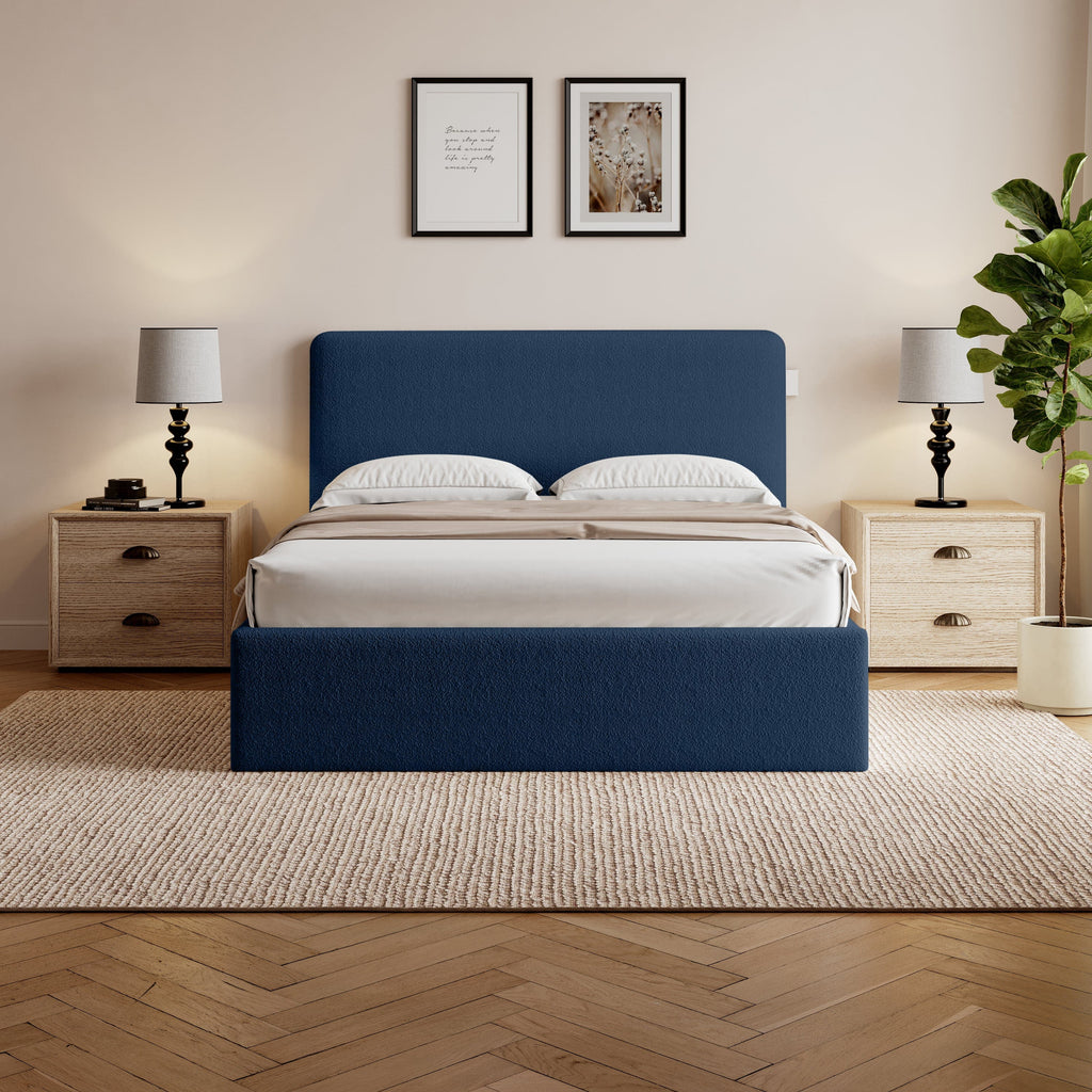 Elvie Ottoman Storage Beige Boucle Teddy Fleece Pneumatic Lift Up Bed Frame Double or King Bed