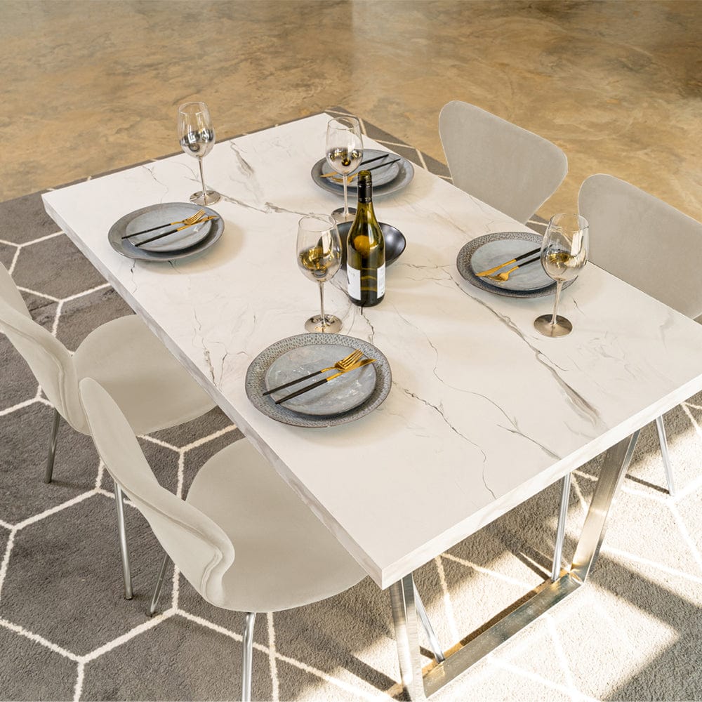 Etta Rectangle Trestle Dining Table Set with 4 Wing Back Velvet Chairs