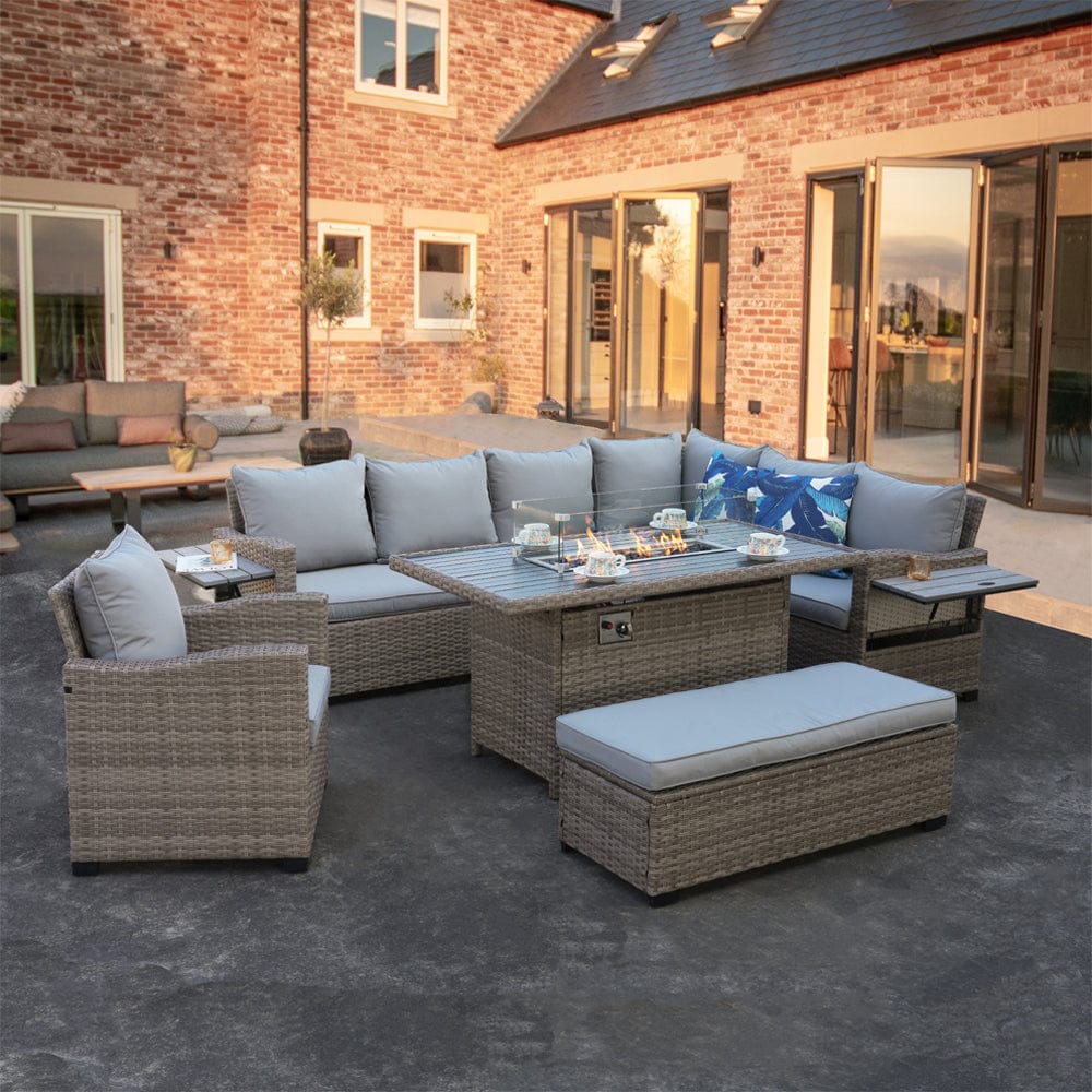 Galle Right Facing 9 Seater Garden Corner Sofa Fire Pit Set With Foldable Side Tables
