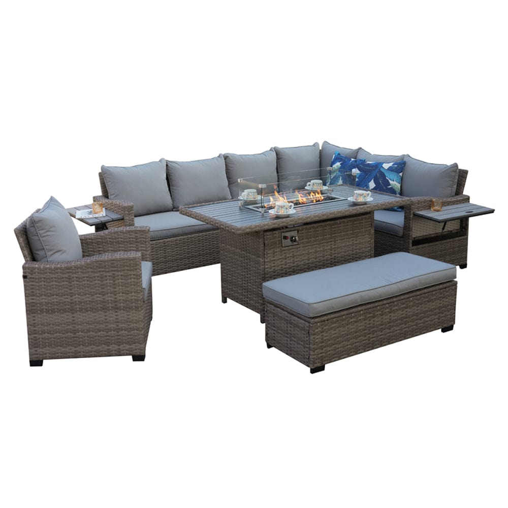 Galle Right Facing 9 Seater Garden Corner Sofa Fire Pit Set With Foldable Side Tables