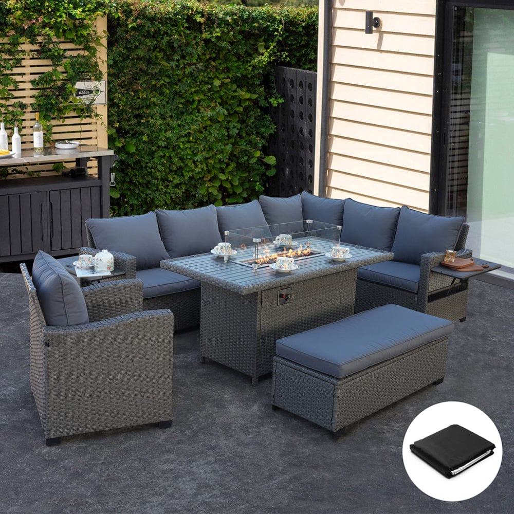 Galle Right Facing 9 Seater Garden Corner Sofa Fire Pit Set With Foldable Side Tables