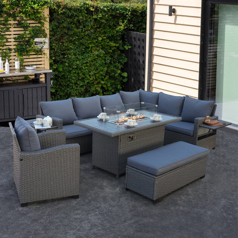 Galle Right Facing 9 Seater Garden Corner Sofa Fire Pit Set With Foldable Side Tables