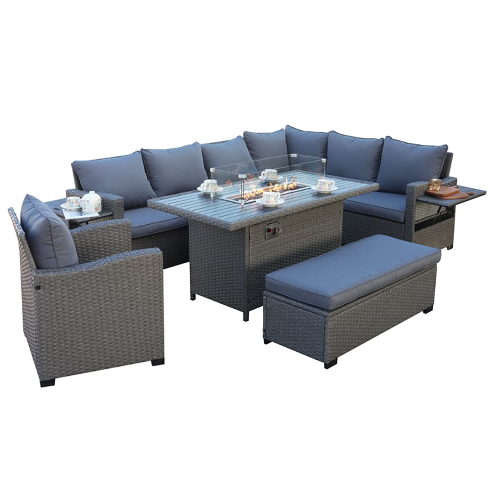 Galle Right Facing 9 Seater Garden Corner Sofa Fire Pit Set With Foldable Side Tables