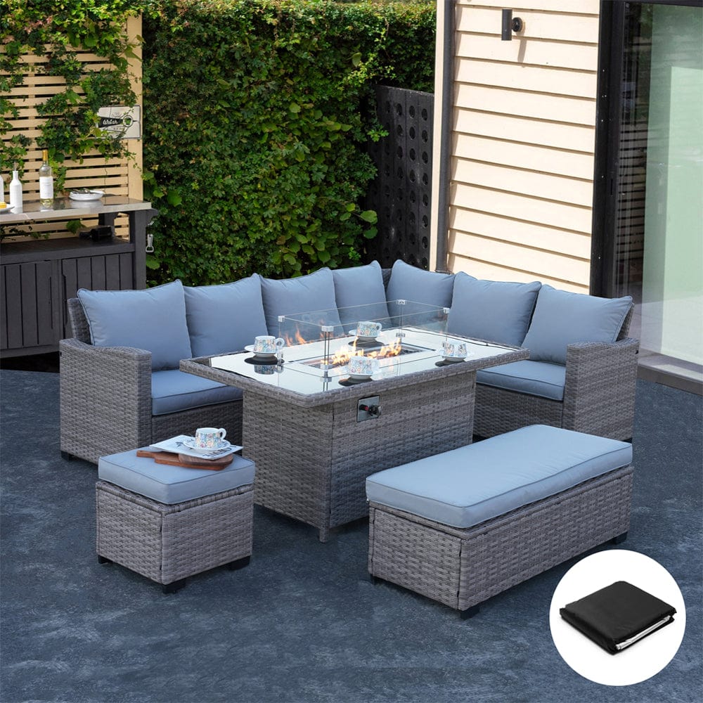 Galle Right Facing 9 Seater Garden Corner Sofa Fire Pit Set With Stool And Bench