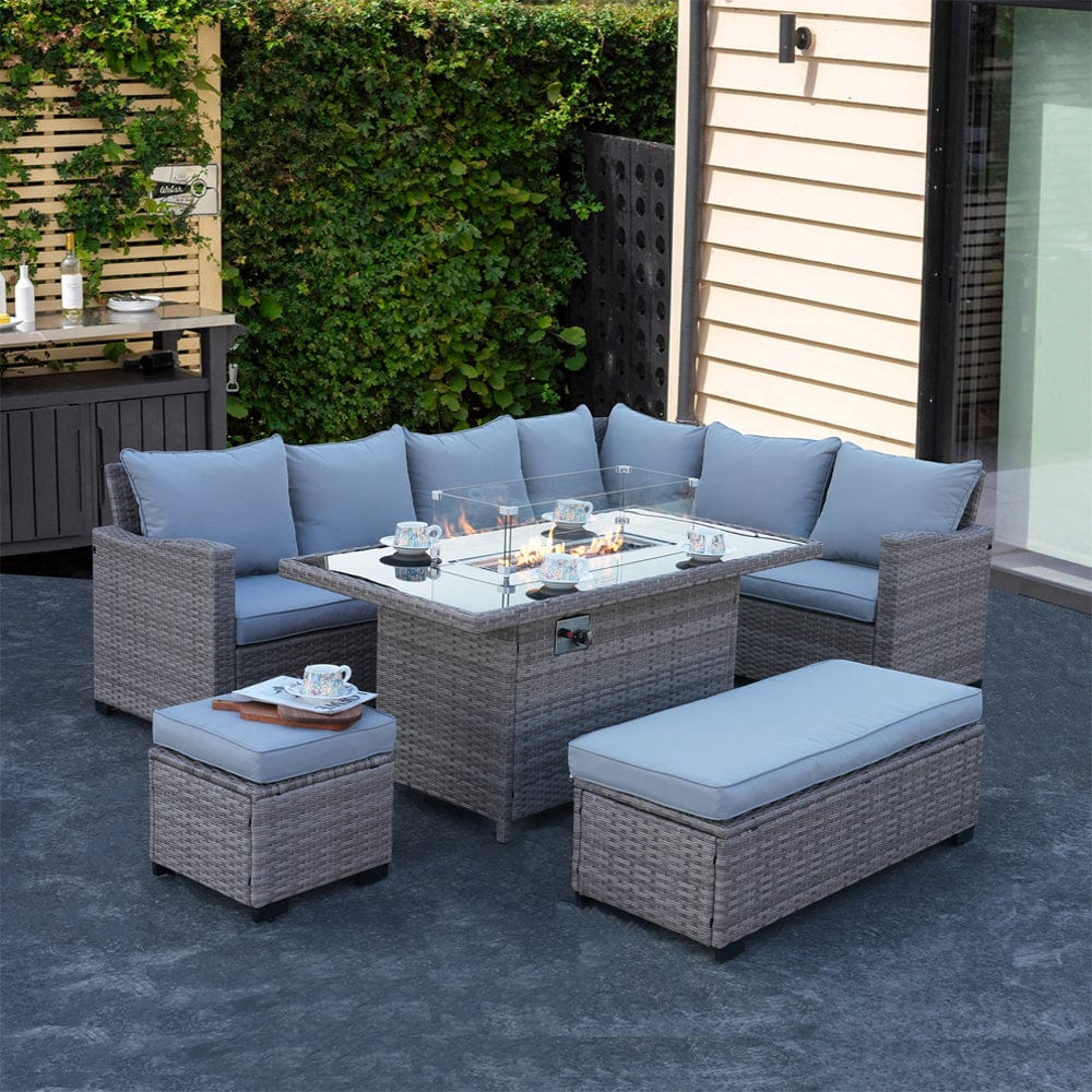 Galle Right Facing 9 Seater Garden Corner Sofa Fire Pit Set With Stool And Bench