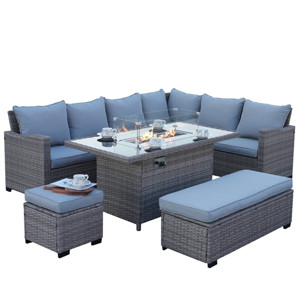 Galle Right Facing 9 Seater Garden Corner Sofa Fire Pit Set With Stool And Bench