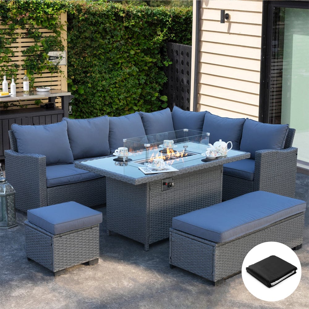 Galle Right Facing 9 Seater Garden Corner Sofa Fire Pit Set With Stool And Bench