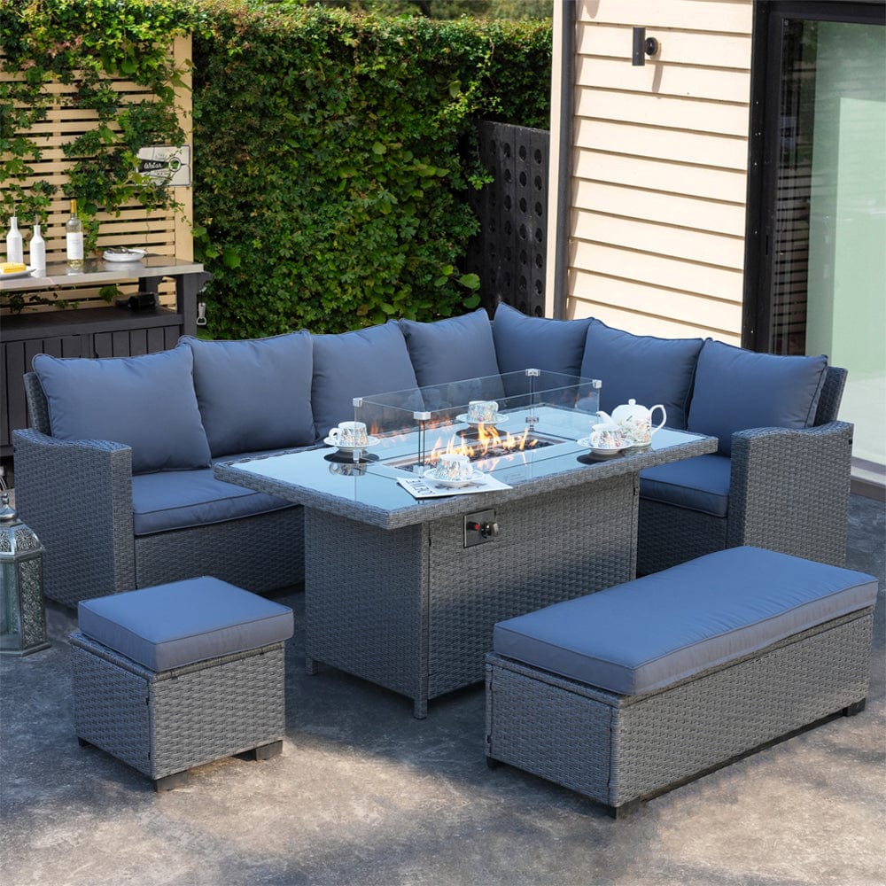 Galle Right Facing 9 Seater Garden Corner Sofa Fire Pit Set With Stool And Bench