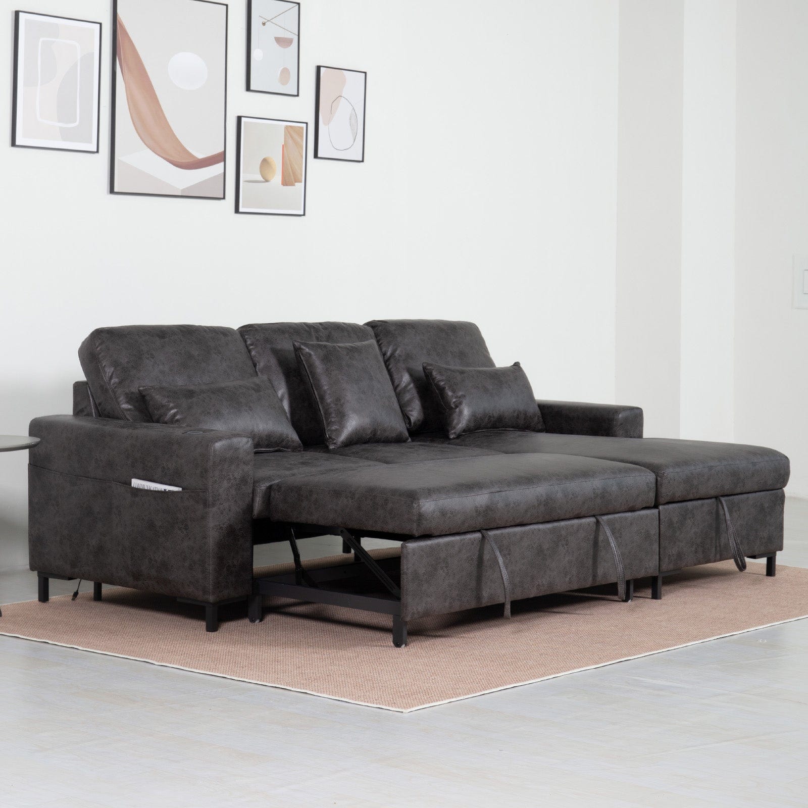 PU Leather 3 Seater Corner Sofa Bed With Corner Chaise and Storage