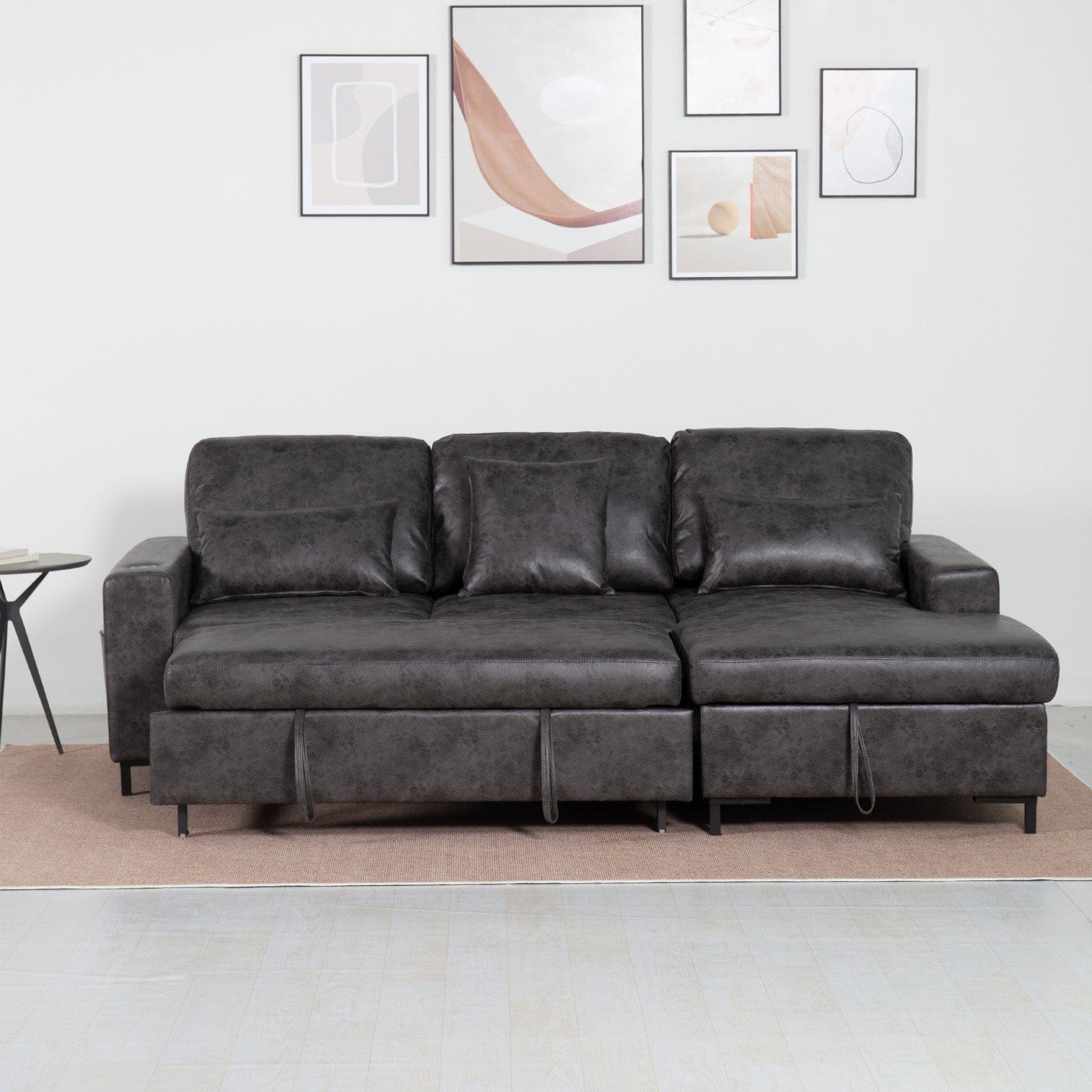 PU Leather 3 Seater Corner Sofa Bed With Corner Chaise and Storage