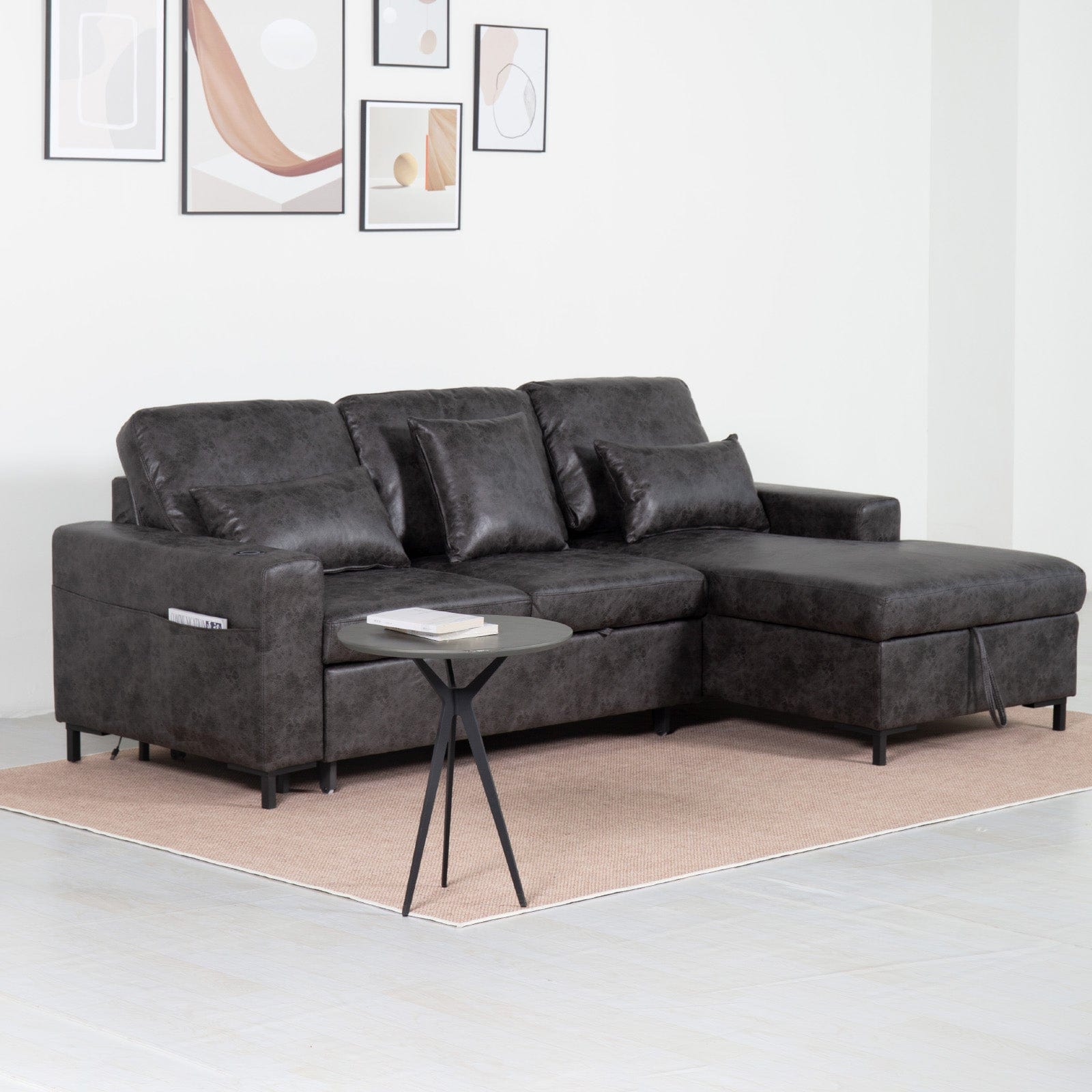 PU Leather 3 Seater Corner Sofa Bed With Corner Chaise and Storage