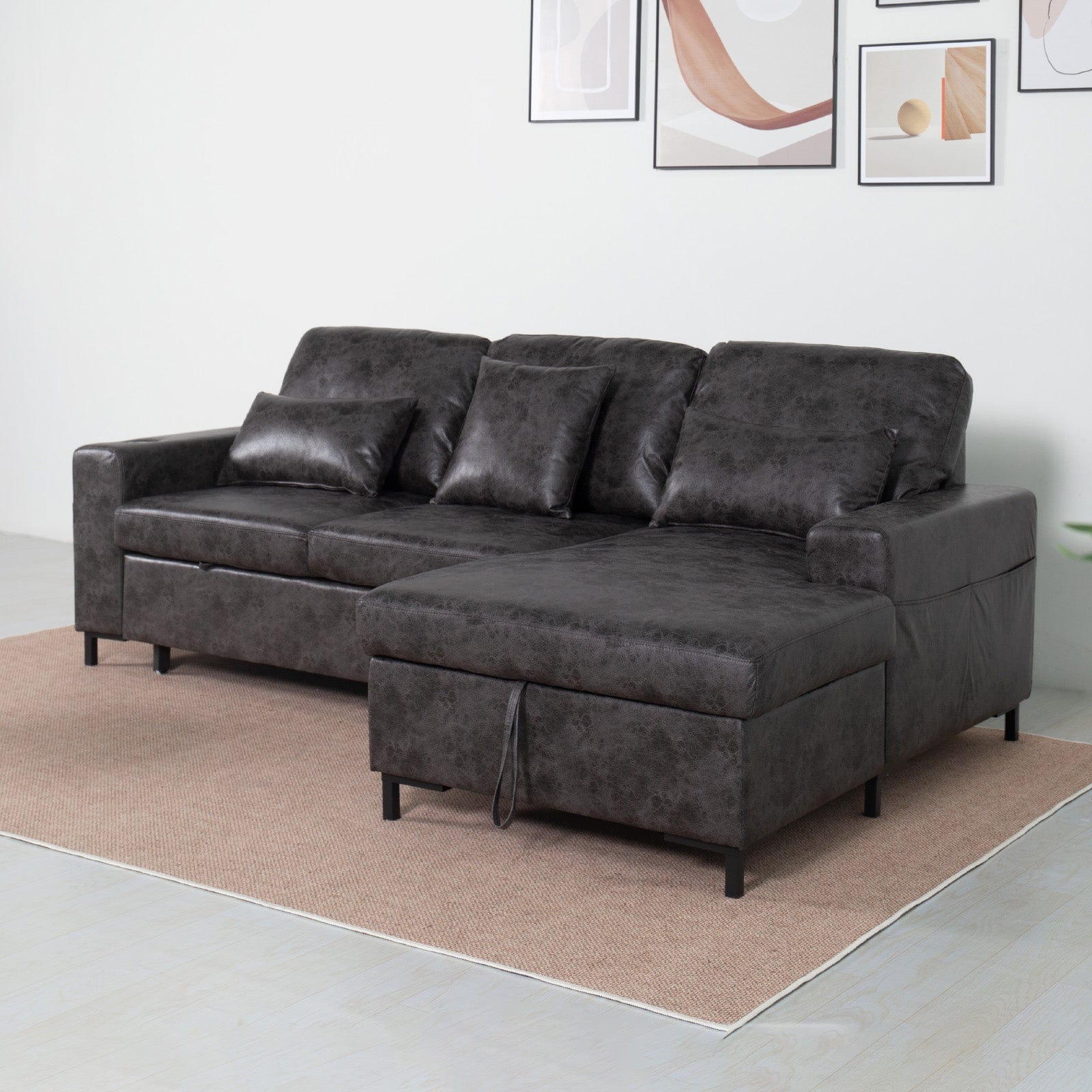 PU Leather 3 Seater Corner Sofa Bed With Corner Chaise and Storage
