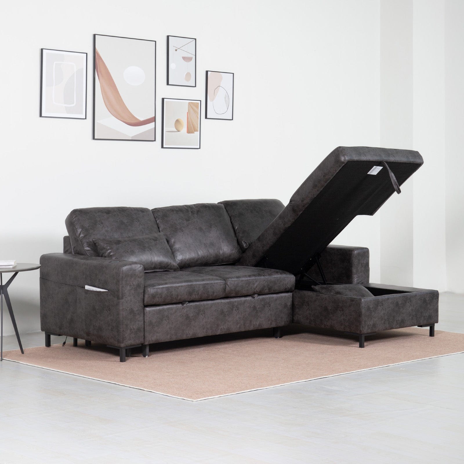 PU Leather 3 Seater Corner Sofa Bed With Corner Chaise and Storage