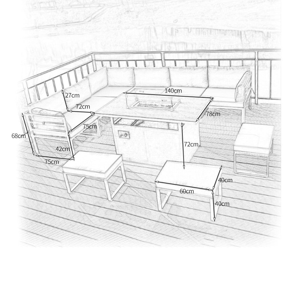 Hamburg Outdoor 9-Seater Garden Modular Steel Dining Set With Fire Pit Table